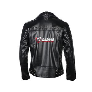 Men's <b>Cropped</b> Graffiti-Print Studded Long-Zipper PU Leather Black Fashion <b>Denim</b> <b>Jackets</b> With Quilted-Collar - Product Image 2