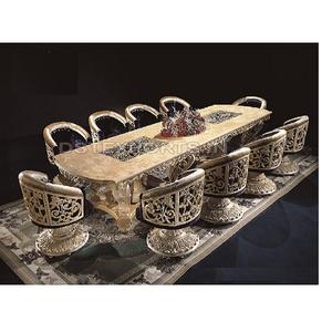 Lujoso juego de comedor de 10 plazas tallado pesado, juego de mesa de comedor tallado a mano con pulido dorado, juego de mesa de comedor lujoso de espalda baja - Product Image 1