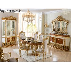 Royal Dining Room <b>Furniture</b> in <b>High</b> <b>Gloss</b> Polish Luxury Italian Highly Crafted Dining Table Set Gold Leaf Carving Dining Set - Product Image 1
