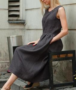 Robe midi noire sans manches 100 % lin, taille naturelle, col en V, coupe trapèze ample, formelle et décontractée, couleur unie, respirante, tissée, pour l'été - Product Image 4