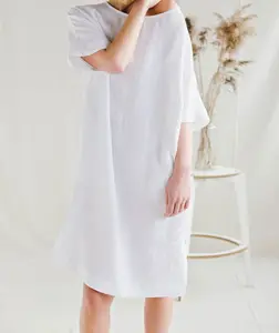 2023 Best Design Pure White Linen Loose Fit Dress Handmade Shirt Dress Half Sleeves Made With 100% Linen Made By Zed Aar Exports