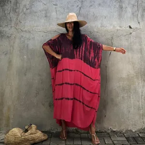 Bohemian Style Turkey Kaftan Cover Up Long Robe Round Neck Half Sleeve Side Split Women Summer Leisure Dress Tunics at Bulk Rate