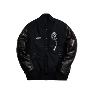 Chaude Sleeling Pur Noir HIVJ54 100% corps de laine et manches en cuir brodé varsity veste - Product Image 1