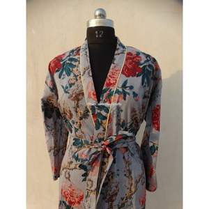 Venta al por mayor gris 100% algodón ropa de dormir largo estampado floral camisón bata de baño estilo kimono vestido de estampado indio para el verano - Product Image 2