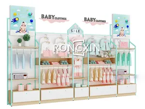 Rak Display Pakaian untuk Anak, Rak Kayu Desain Toko Pakaian Interior Furnitur