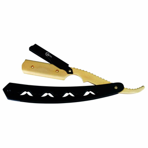 Maquinilla de afeitar de una sola hoja de calidad superior dorada con mango negro con patrón de bigote - Product Image 3