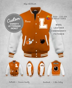 Custom Varsity Bowling League Team Jassen Kiezen Leather & Wol Kleuren Met Gepersonaliseerde Chenille Patches Authentieke