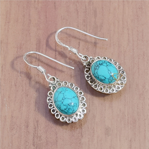 Gema ovalada turquesa para mujer, Pendientes colgantes de plata de ley 925/Gema azul hecha a mano, joyería - Product Image 1