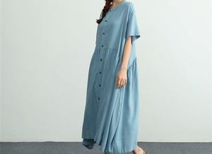 Light Blue Linen A-Line Floor-Length Formal Slits O-Neck <b>Short</b> Sleeve Regular Fit <b>Summer</b> <b>Dress</b> Button Front Solid Color Woven - Product Image 4
