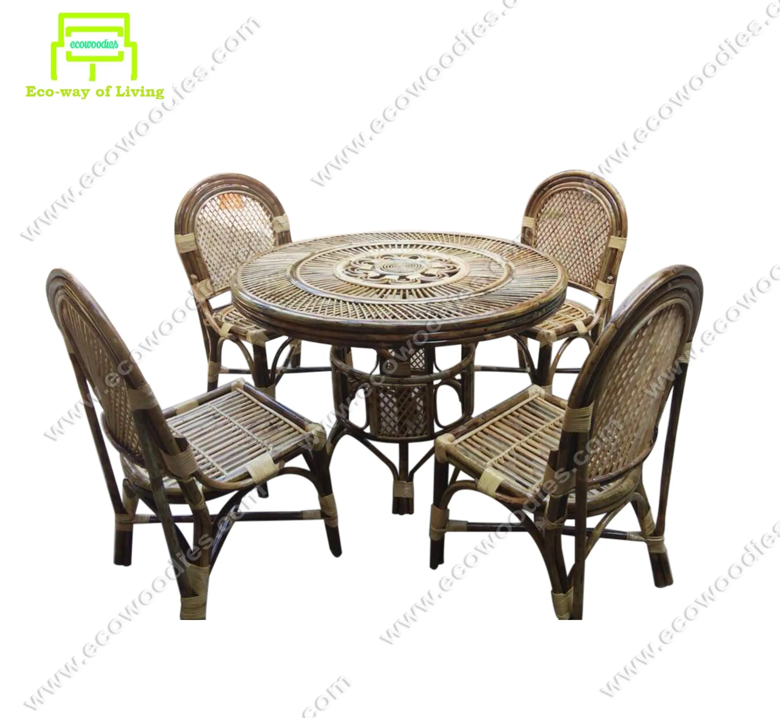 Conjunto moderno artesanal de 4 assentos, conjunto redondo para mesa de jantar e cadeira, feita de bambu biodegradável, ideal para sala de estar no jardim