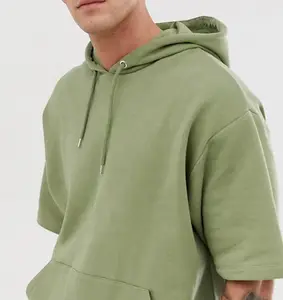 High Quality Custom Men Short Sleeve oversized Hoodies with side zips pouch pocket drawstring hood