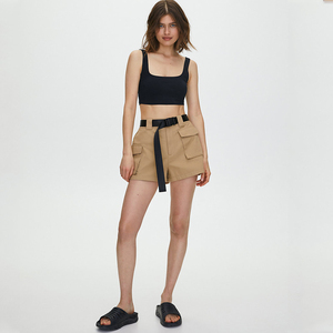 <b>Women</b> High Waist <b>Cargo</b> <b>Shorts</b> With Belt Solid Color Canvas Casual Style Regular Fit Breathable Elastic Waist - Product Image 1
