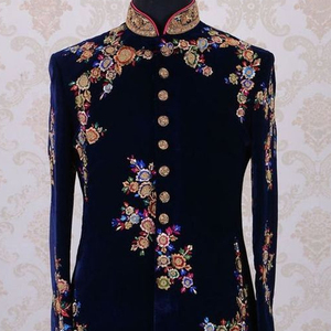 GROOM--INDO-WESTERN VELVET SHERWANI WITH <b>PANT</b> DRESS WITH COLORFUL ZARDOZI Embroidery for Party/WEDDING Dress @ 2022 - Product Image 1