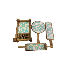 Best Selling Modern Wooden Khatiya Platter <b>Set</b> with Enamel for Decor and Gifting Snack Server <b>Cot</b> Tray Combo Supplies - Product Image 5