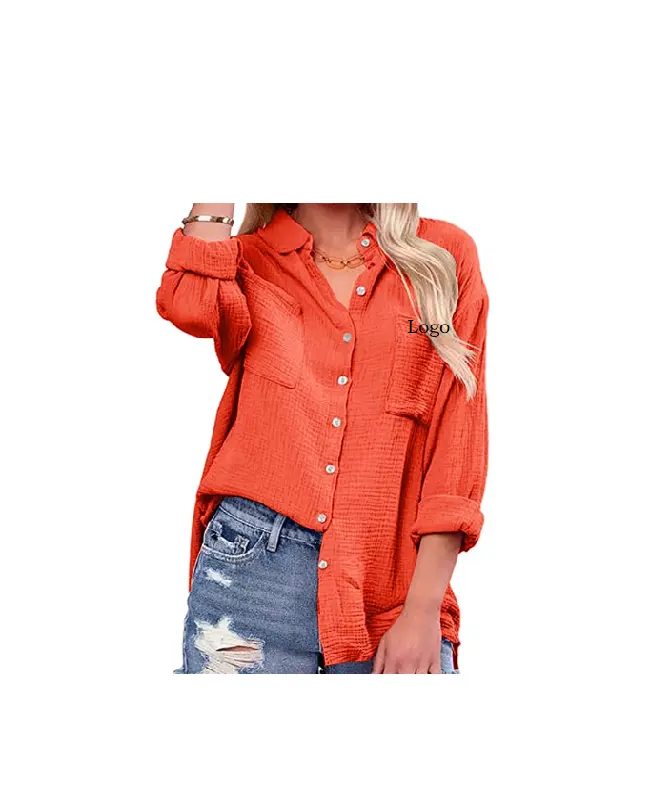 Hot Selling Women Button Down Shirts V Neck Blouse Long Roll Up Cuffed Sleeve Pocket Casual Boyfriend Cotton Tops