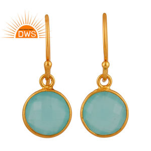 Boucles d'oreilles pendantes rondes en calcédoine aqua artisanales, fournisseur de bijoux en pierres précieuses indiennes, plaqué or 18 carats, argent 925 - Product Image 1