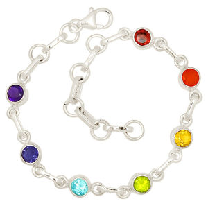 Lunette ronde sertie de grenat et multi pierres précieuses naturelles chaîne en argent sterling massif et bracelet à maillons bijoux faits à la main pour elle - Product Image 1