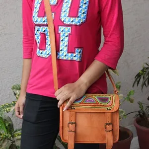 Handmade Real Goat Leather Small 7*9 Inch Rajasthani Embroidery Cross Body Handbag Sling Bag