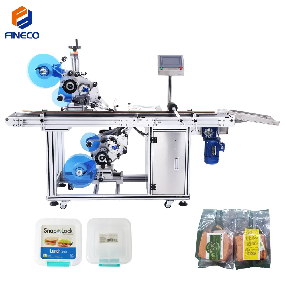 FK814 Fineco China Automatic Top And Bottom Label Applicator With Feeder Device Upper and lower flat labeling machine