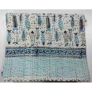 New Hand Block Fish Print Bedspread Handmade Kantha Quit <b>Blankets</b> & Throws Quilts Set for Living Room Bedroom Guest Room Decor - Product Image 4