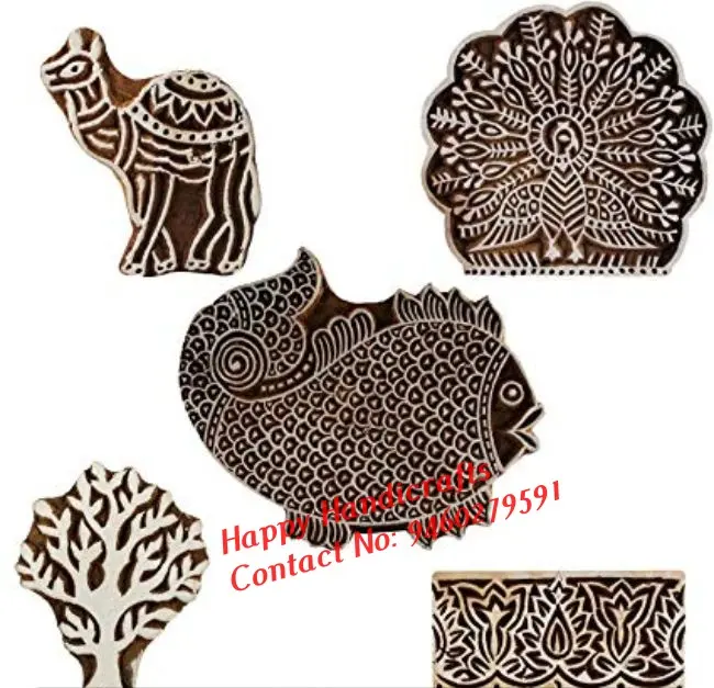 Set of 5 Wooden Textile Handmade Camel Peacock Fish Tree Floral Border Printing Block Clay Potter Craft Scrapbook Stamps