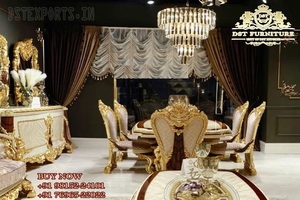 Juego de Mesa de Comedor de Madera de Teca Tallada a Mano Moderna con Acabado Dorado Europeo, Duradero, Tamaño y Color Personalizables - Product Image 3