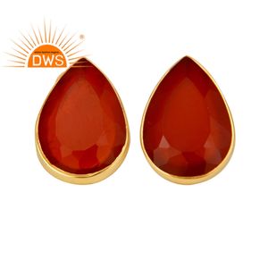 Natural Carnelian Gemstone Pear Shape Trendy <b>Wedding</b> Stud <b>Earrings</b> 14k Gold Plated 925 Sterling <b>Silver</b> Flat Back - Product Image 1