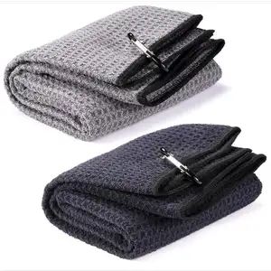 Design popular polyester microfiber waffle weave gift set pocket golf club clip hanging loop soft drying hand towel golf towel