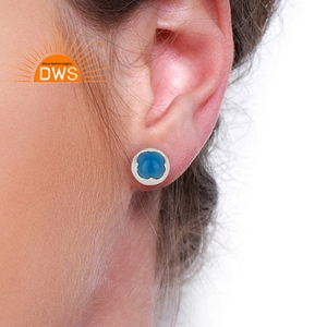Bonitos pendientes de piedra preciosa azul de Calcedonia, proveedor de joyería, Mini pendientes de tuerca de Plata de Ley 925 sólida, joyería al por mayor - Product Image 4