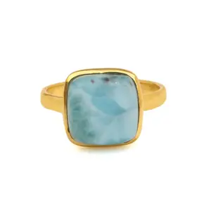 Beautiful Handmade Design 12mm Natural Larimar Gemstone Bezel Jewelry 18k Gold Plated Silver Simple Cushion Stone Ring For Women