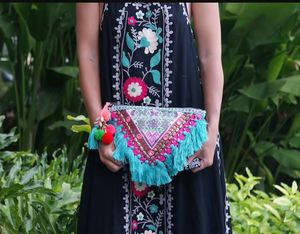 Sac à main de styliste avec broderie multicolore avec pompon, pochette perlée, pochette bohème Fashion pour dames - Product Image 5