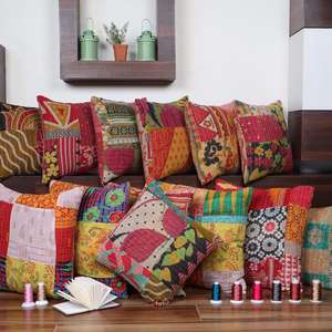 <b>Indian</b> Cotton Kantha <b>Cushion</b> Cover in Multi Color Handmade <b>Indian</b> Beautiful Cotton Kantha <b>Cushion</b> Cover - Product Image 1