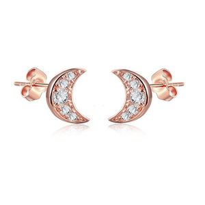 Women's Trendy 14K Rose Gold Half-Moon Stud Push <b>Back</b> <b>Earrings</b> with 0.10TCW Real Round Brilliant Cut Diamond - Product Image 1