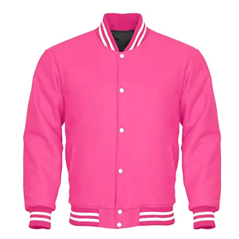 Jaket Huruf Merah Muda Wol Polos Desain Kustom Jaket Bisbol Pria Warna Kustom