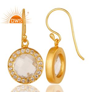 Pendientes de piedras preciosas de cuarzo con cristal de topacio, estilo Halo, Pendientes colgantes de plata chapados en oro de 18K, proveedor de joyería, Colección Vintage - Product Image 3