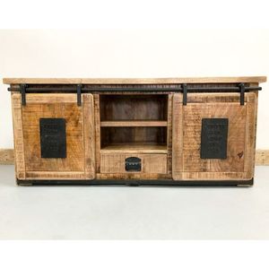 Mueble de TV de Estilo Industrial Rústico, Hecho a Mano en India, de Hierro y Madera Maciza, con Puerta Corredera, Iluminación LED, para Sala de Estar - Product Image 1