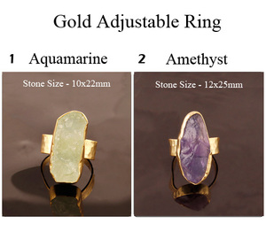 Anillo de cristal de una sola piedra, aspecto natural crudo, collar de Aguamarina, anillo ajustable, anillos de banda de textura martillada chapados en oro de 18 quilates - Product Image 3