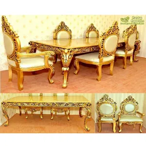 Antike indische Esszimmer möbel Set Golden Holz geschnitzten Esstisch Set Premium Golden Esstisch & Stuhl Set zum Verkauf