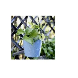 Metal planter pot and Round shape Hanging Railing Planters Flower Pot Holders Basket sky blue color wall decorative