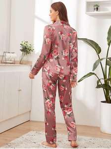 Robe de nuit en satin rose foncé pour femme, sexy, à la mode, col rabattu, imprimé floral, manches longues, une poche, nouvelle collection - Product Image 2