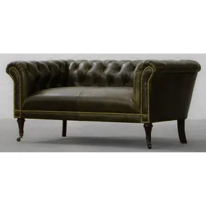 SOFA EVER GREEN CHESTERFIELD, SOFA Kulit Asli Gaya Warisan VINTAGE