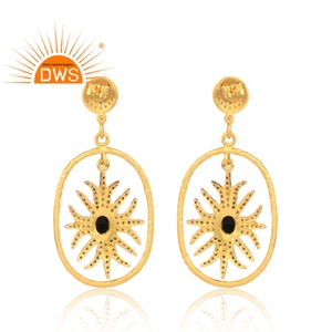 18k <b>Gold</b> Plated And Black Oxidized Silver Floral White Zircon <b>Dangle</b> <b>Earring</b> Wholesale Natural Black Onyx Gemstone <b>Earrings</b> - Product Image 3