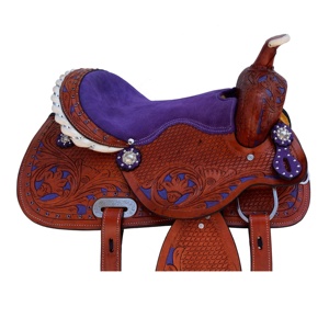 Selle de cheval en cuir Western baril usiné à fleurs violettes avec siège rembourré en daim Rênes et fabricants de colliers de poitrine - Product Image 2