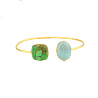 Pulsera Unisex Clásica de Plata de Ley 925 Chapada en Oro con Turquesa Verde Cobre y Larimar Natural de Alta Calidad de 12x16 mm