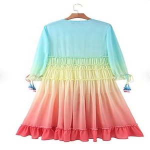Robe Bohème en Chiffon Dégradé à Col en V, Longueur Genou, Coupe Trapèze, Style Décontracté, Respirante, Teinte par Nouage, Fendue pour Femme - Product Image 3