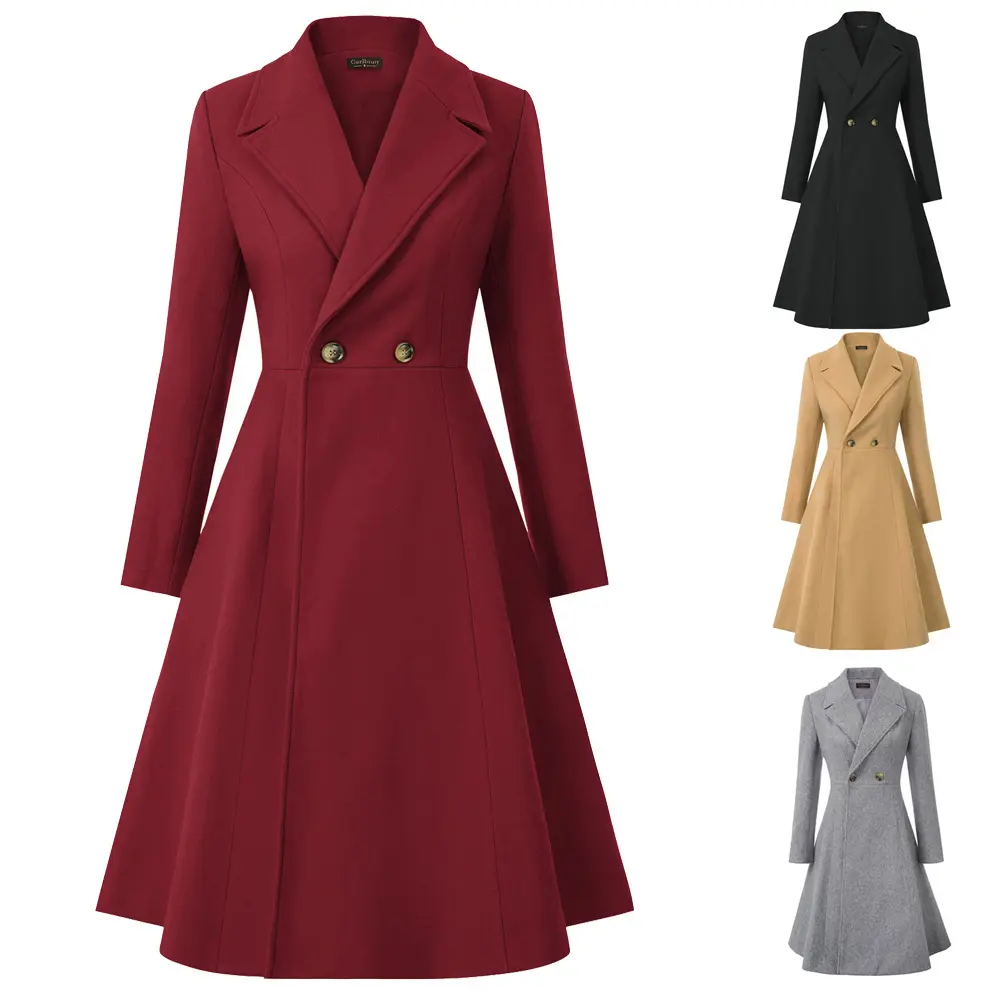 OEM Curlbiuty Solid Color Long Sleeve Lapel Collar Trench Wool Overcoat For Women
