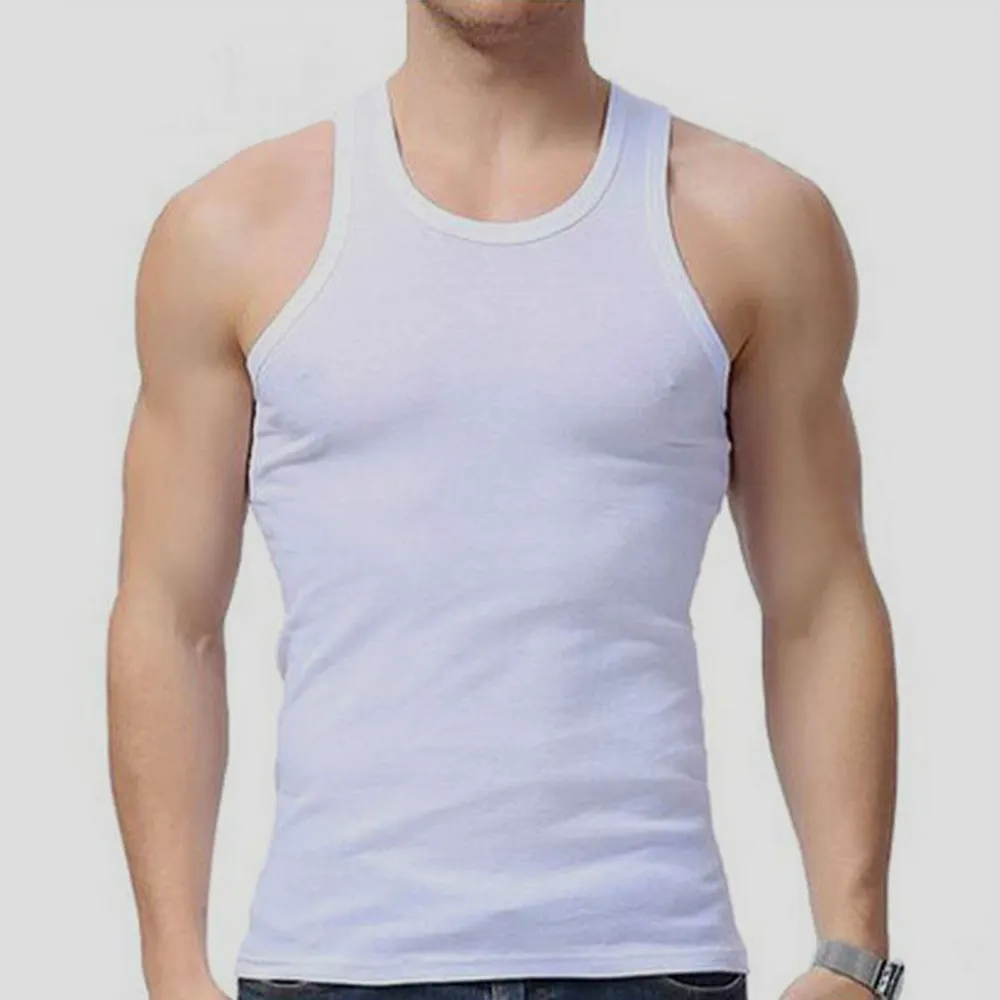 Camisetas sin mangas ajustadas de estilo sencillo para hombre, ropa deportiva masculina de Color blanco, 100% algodón, con servicio OEM, a la venta