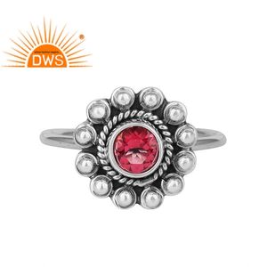 Flower Shape Antique Design Pink Topaz Gemstone Women's Oxidized Ring Jewelry Adjustable 925 Silver Ring Jewelry Wholesaler - Product Image 1