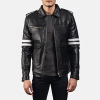 Blouson d'hiver en cuir pour homme avec fermeture éclair, bandes blanches personnalisées et design matelassé vintage