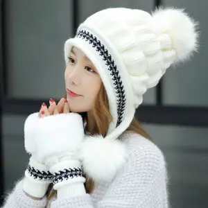 Woman Cute Style Winter Hats Cover Ear Ladies Knitted Hat with Fur Ball Decoration with Gloving Set